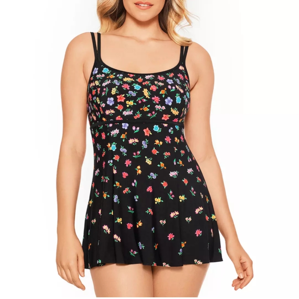 NWT St. John's Bay Black Floral Swimsuit Swimdress 12